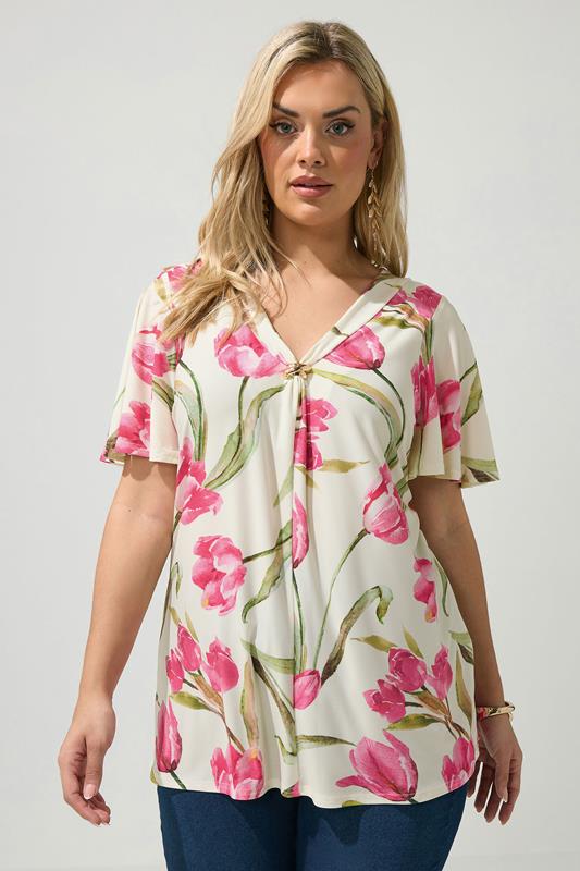 YOURS LONDON Plus Size White Floral Buckle Swing Top | Yours Clothing 1