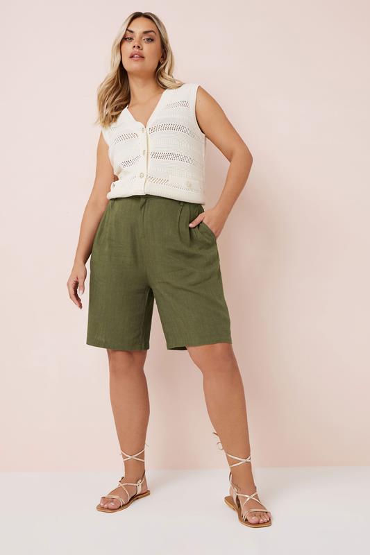 YOURS Plus Size Khaki Green Linen Bermuda Shorts | Yours Clothing 4