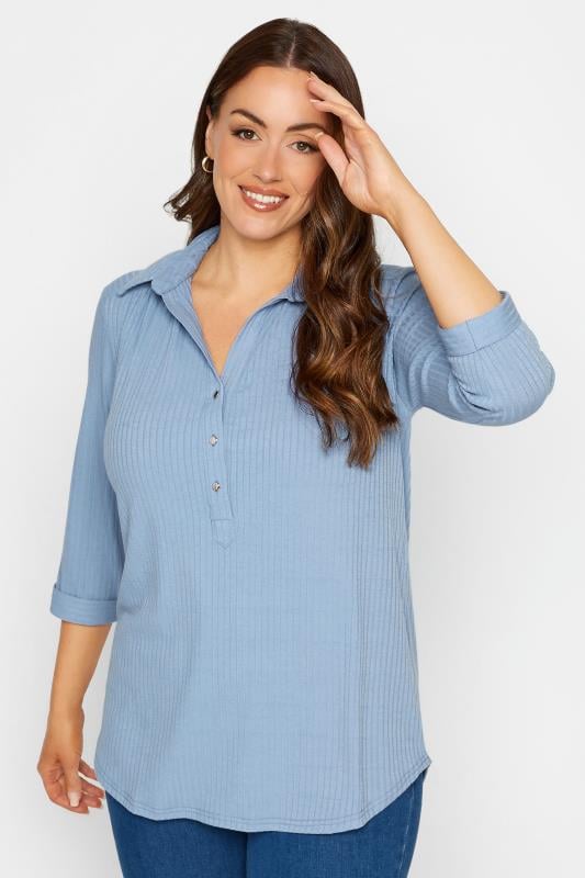 Women's  M&Co Blue Ribbed V-Neck Shirt