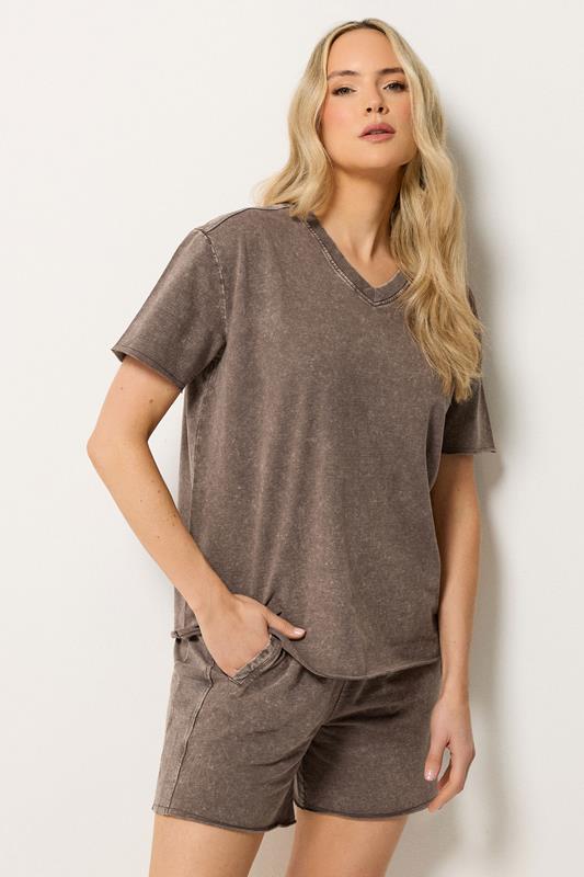 LTS Tall Women's Set Chocolate Brown Acid Wash T-Shirt & Shorts | Long Tall Sally 1