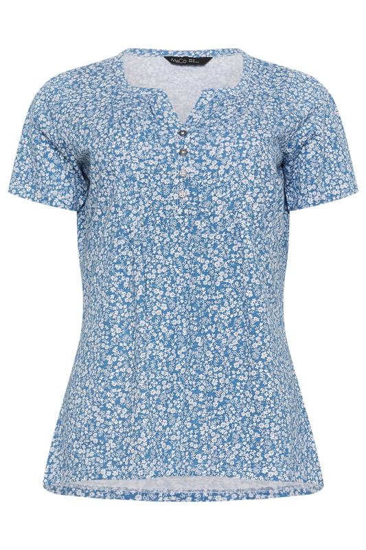 M&Co Blue Floral Print Cotton Short Sleeve Henley Top | M&Co 5