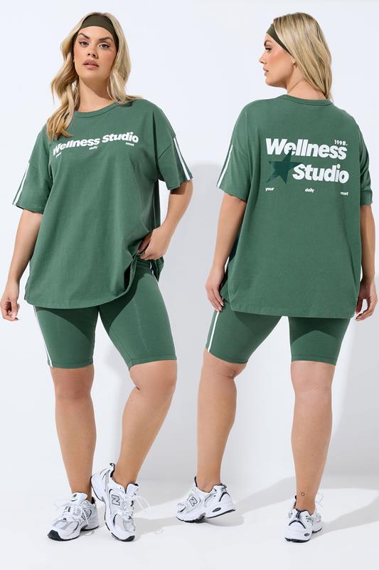 YOURS ACTIVE Plus Size Green 'Wellness Studio' T-Shirt | Yours Clothing 1