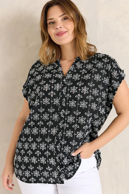 EVANS Plus Size Black Broderie Short Sleeve Shirt | Evans 1