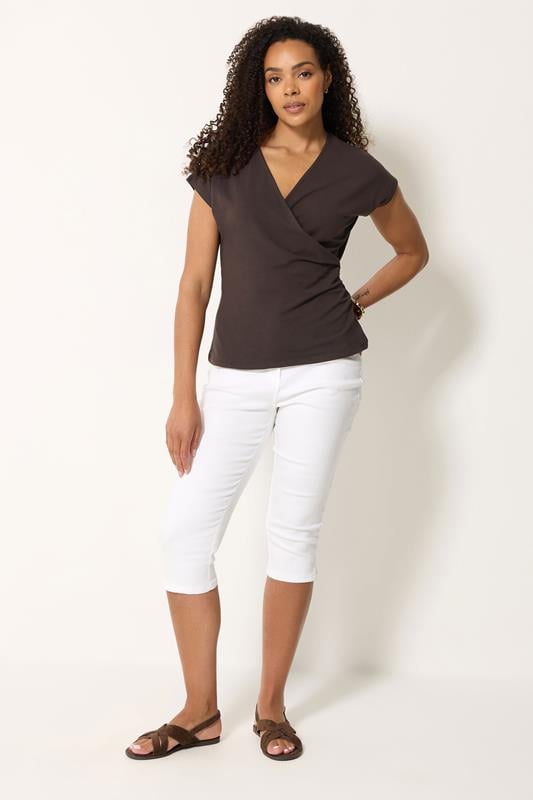  M&Co Chocolate Brown Grown-on Sleeve Cotton Wrap Top