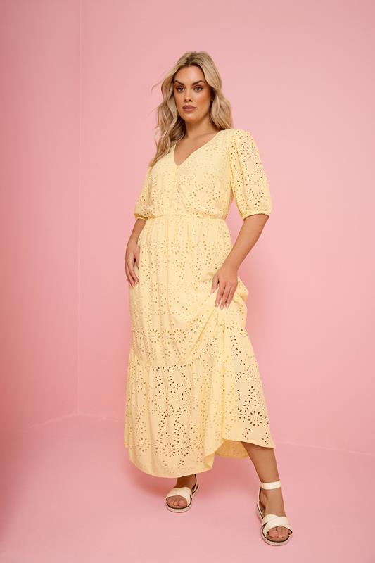 YOURS Curve Yellow Broderie Anglaise Tiered Maxi Dress