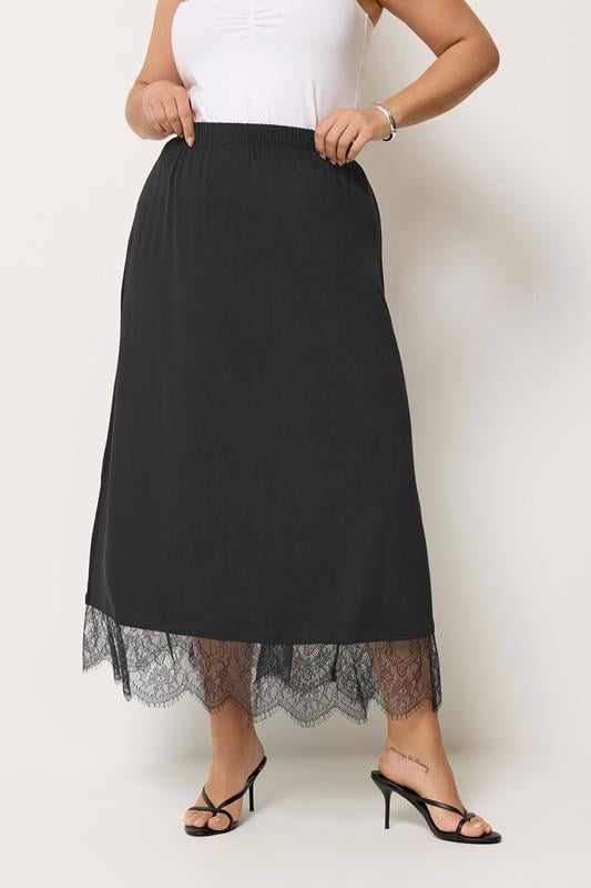 YOURS Curve Black Lace Trim Gathered Skirt