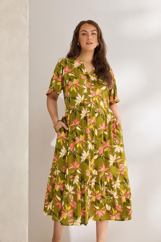 EVANS Curve Green Floral Tiered Dress