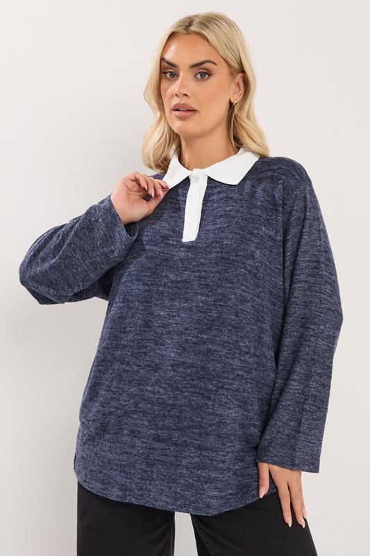 YOURS Plus Size Navy Blue Rugby Collar Soft Touch Top | Yours Clothing 1