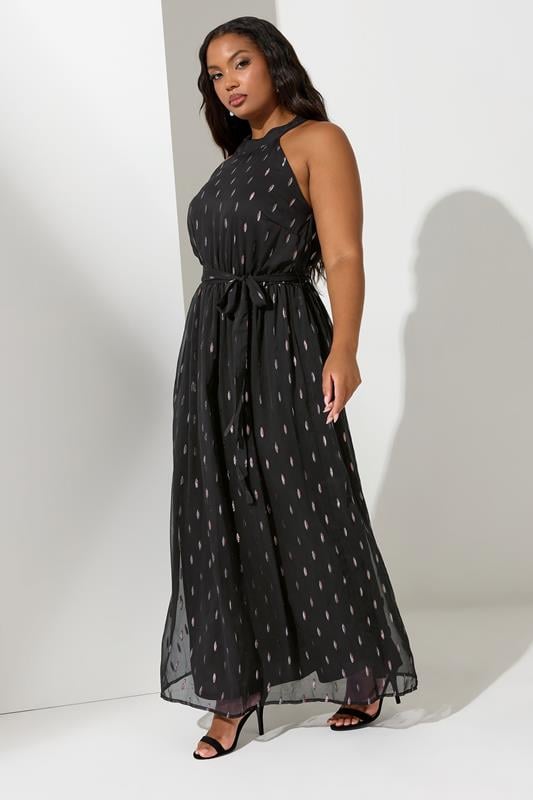  YOURS LONDON Curve Black Metallic Spot Print Halterneck Maxi Dress
