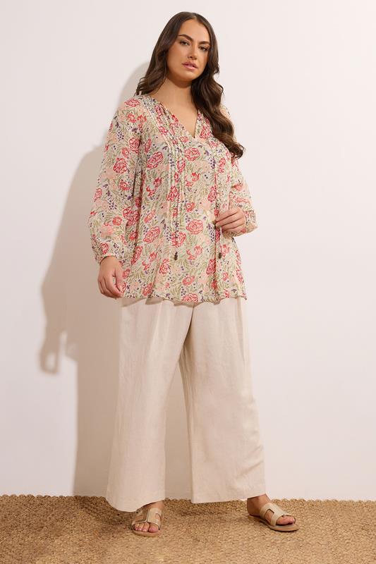 EVANS Plus Size Natural Brown Floral Tie Neck Blouse | Evans 2