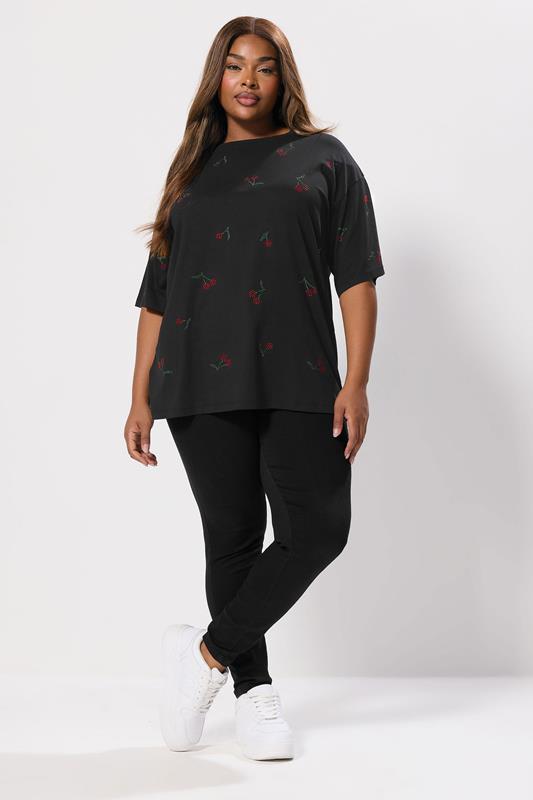 YOURS Plus Size Black Embellished Cherry Oversized T-Shirt | Yours Clothing 1