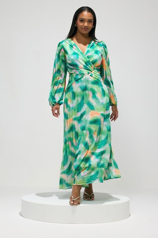 YOURS LONDON Plus Size Green Abstract Pleated Dress | Yours Clothing 2