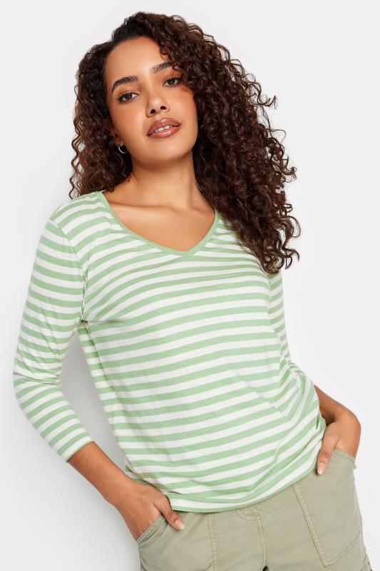 Women's  M&Co Green & Ivory Stripe V-Neck Cotton Long Sleeve T-Shirt