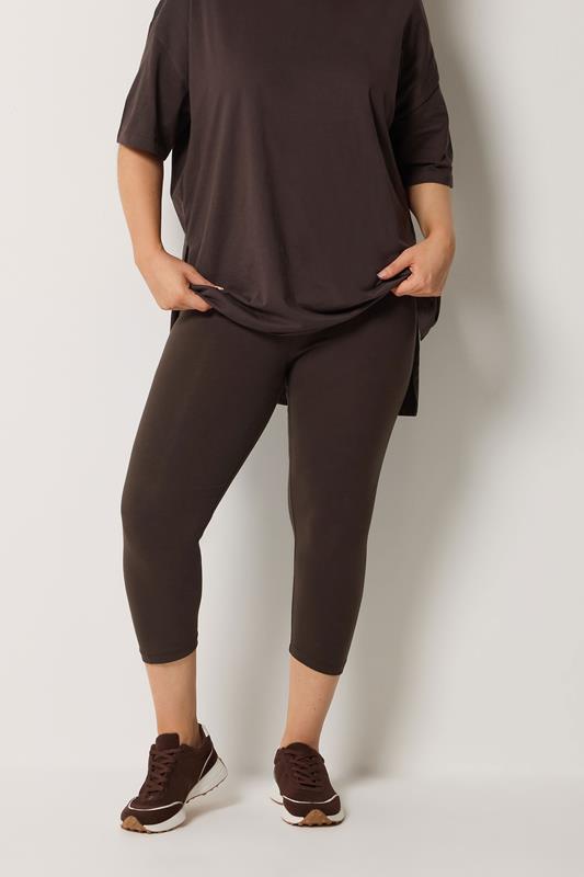 YOURS Curve Chocolate Brown Elasticated Waist Cropped Leggings