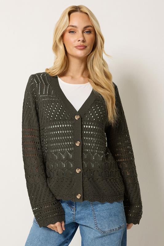 M&Co Chocolate Brown V-Neck Crochet Cardigan | M&Co 1