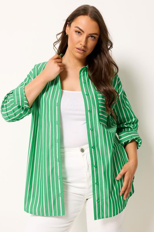 YOURS Plus Size Green & White Striped Shirt | Yours Clothing 1