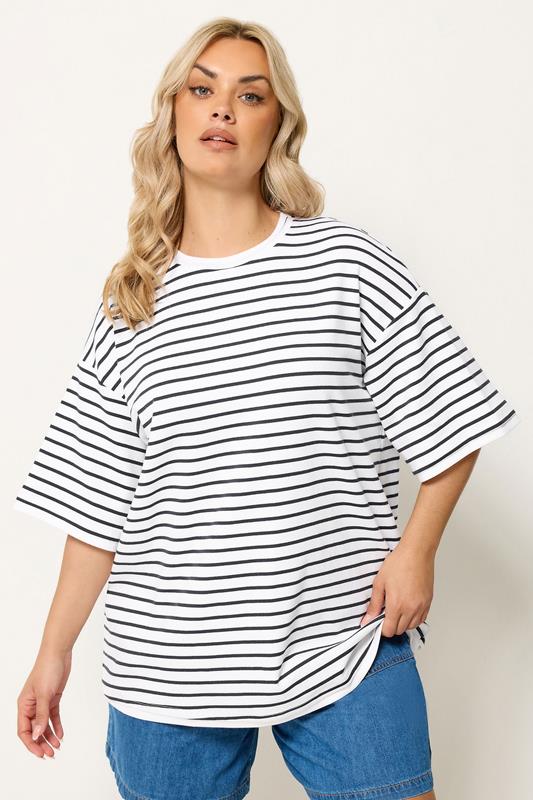 YOURS Plus Size White Stripe Ringer T-Shirt | Yours Clothing 1