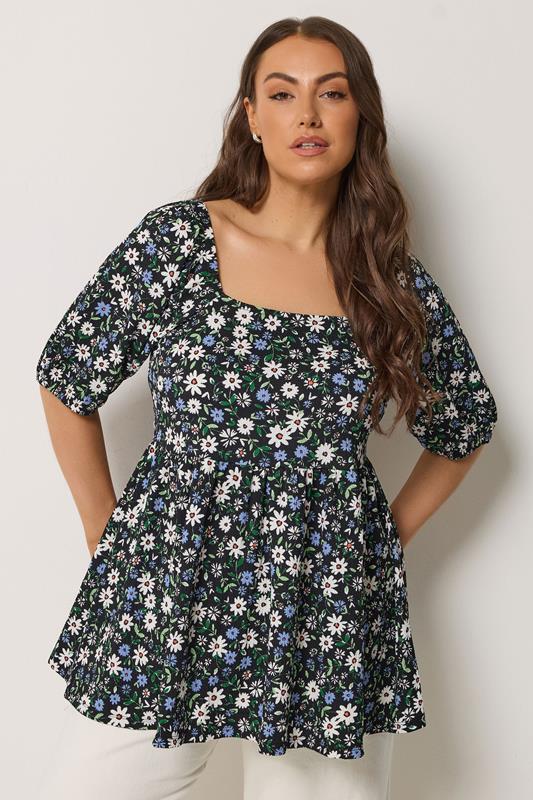 YOURS Curve Black Ditsy Floral Peplum Top