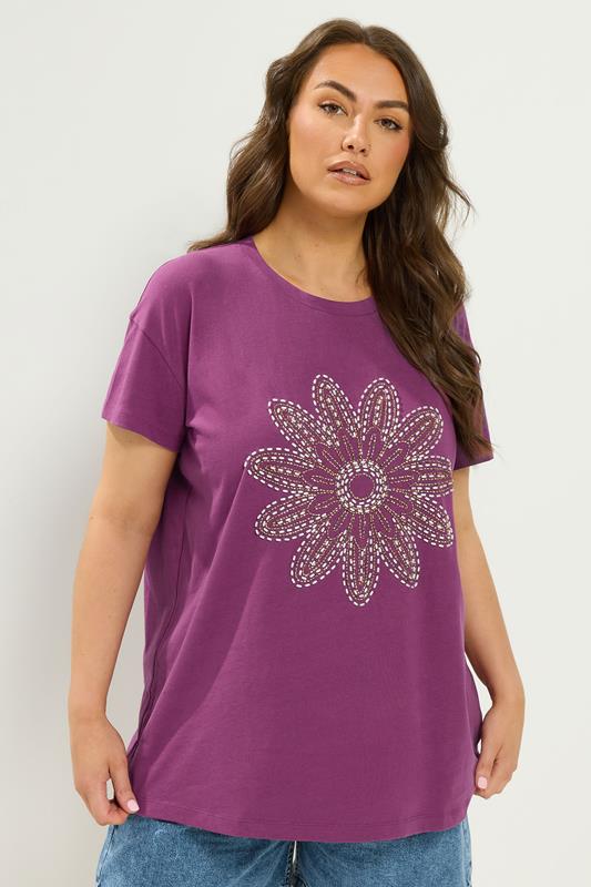 YOURS Plus Size Purple Beaded Daisy T-Shirt | Yours Clothing 1