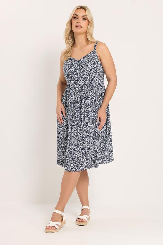 YOURS Plus Size Navy Blue Ditsy Floral Strappy Sundress | Yours Clothing 1