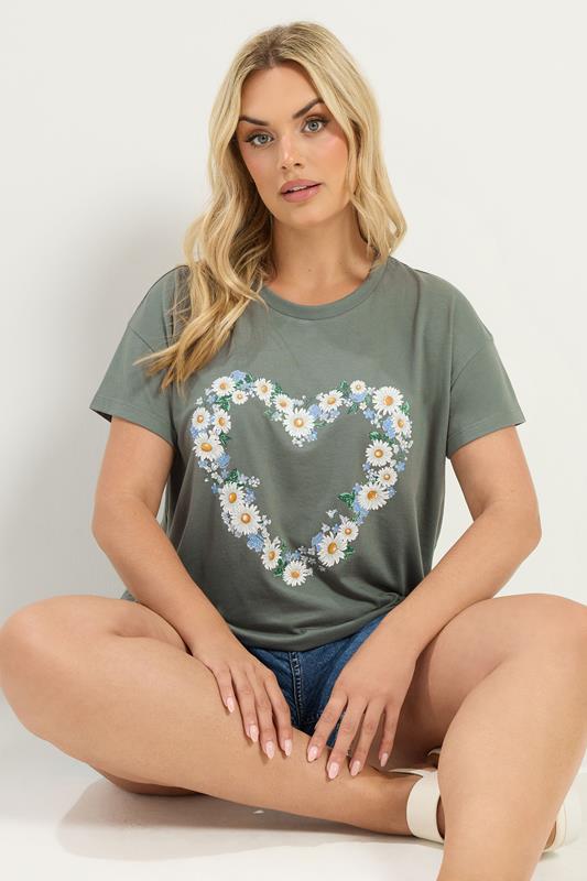 YOURS Curve Green Daisy Heart T-Shirt