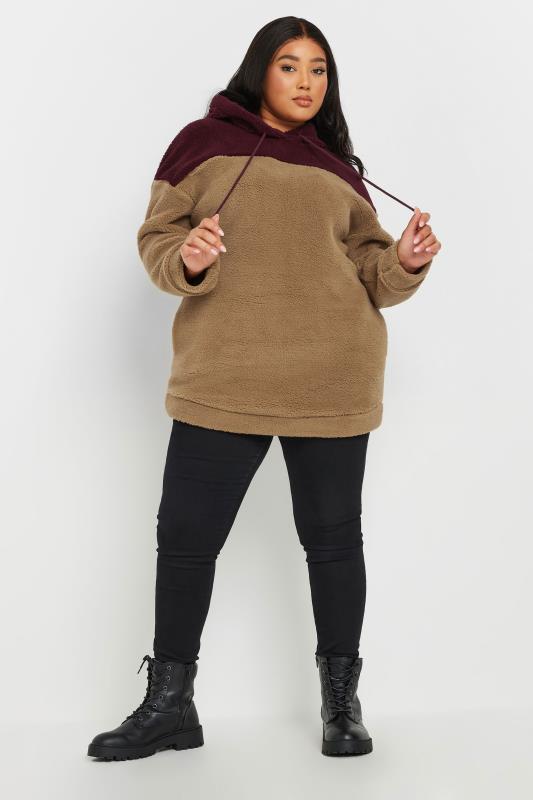 YOURS Plus Size Natural Brown & Burgundy Red Colourblock Teddy Fleece Hoodie | Yours Clothing  1