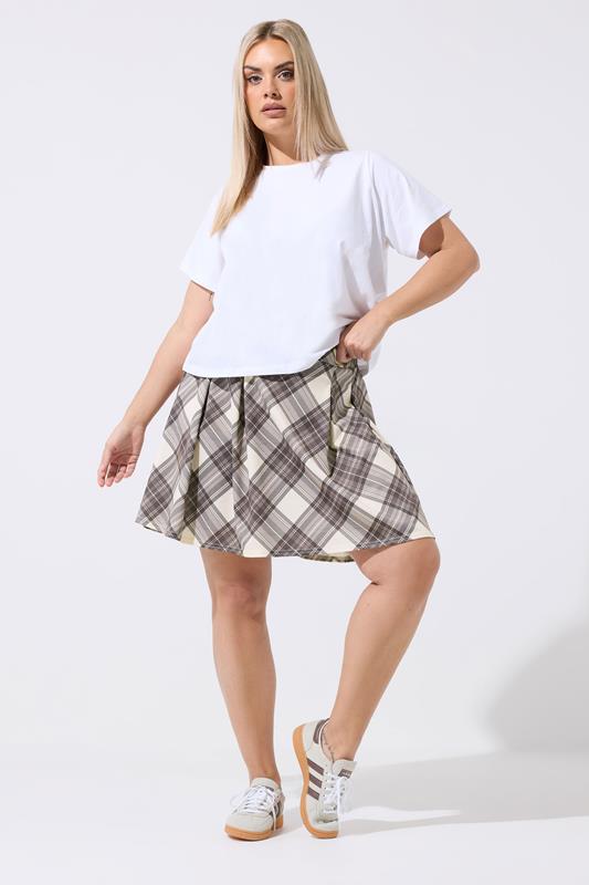 LIMITED COLLECTION Plus Size Natural Brown Check Pleated Skirt | Yours Clothing 1