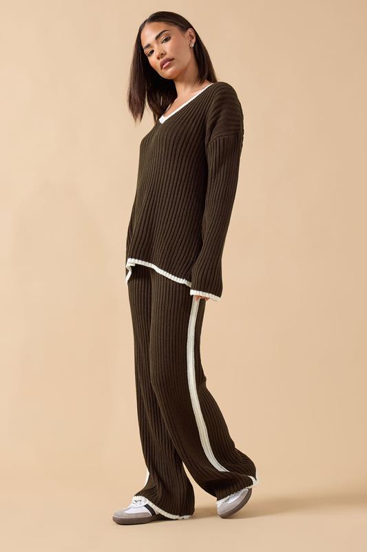 PixieGirl Petite Women's Chocolate Brown Knitted Side Stripe Trousers | PixieGirl 1