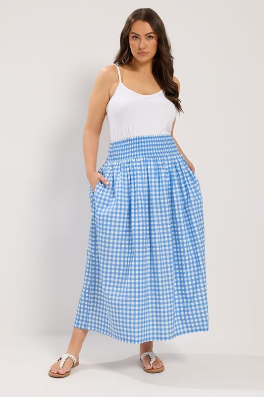 YOURS Plus Size Blue Gingham Maxi Skirt | Yours Clothing 1