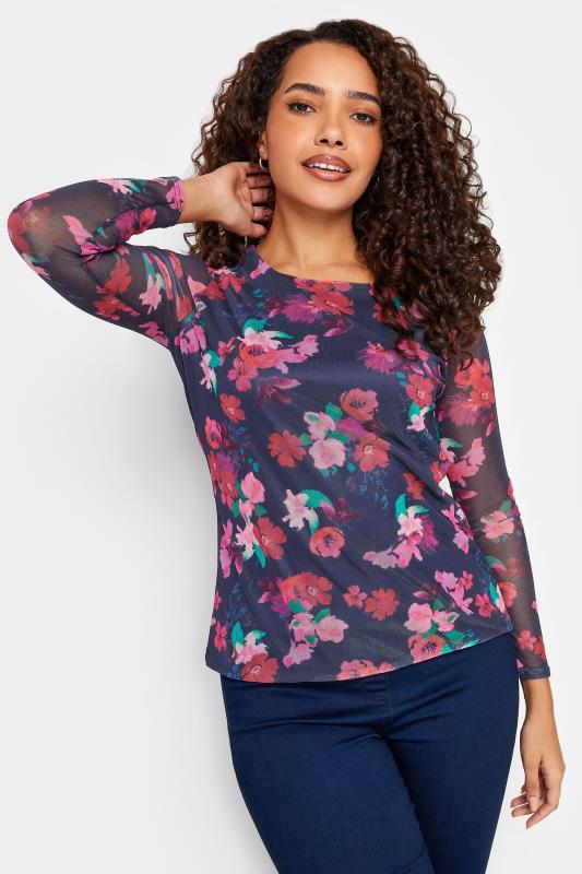 M&Co Pink Floral Print Mesh Long Sleeve Top | M&Co 1