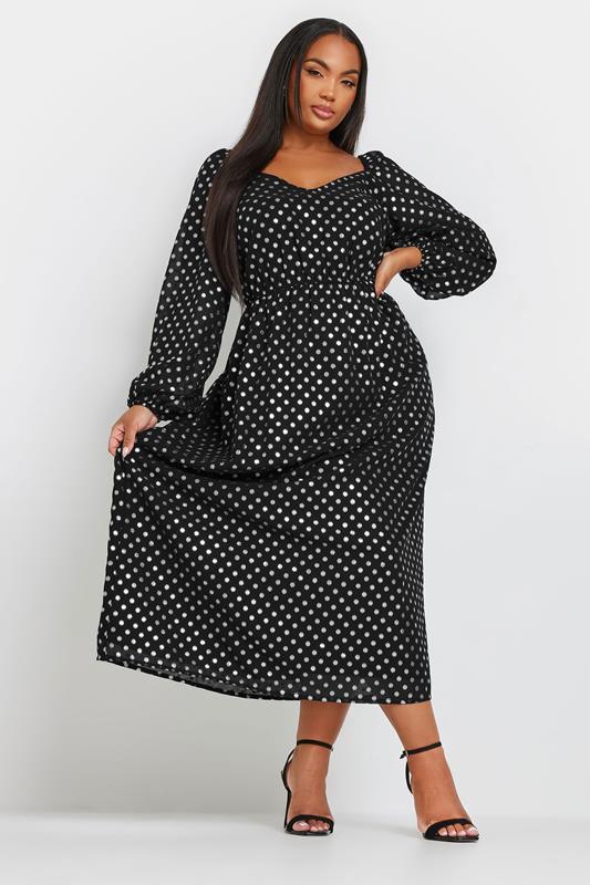  YOURS Curve Black Silver Polka Dot Chiffon Maxi Dress