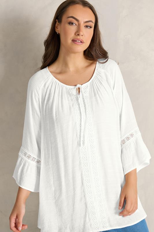 EVANS Plus Size White Crochet Detail Tie Neck Blouse | Evans  1