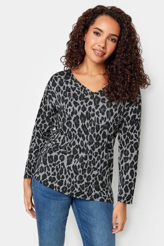 Women's  M&Co Grey Animal Print V-Neck Long Sleeve T-Shirt