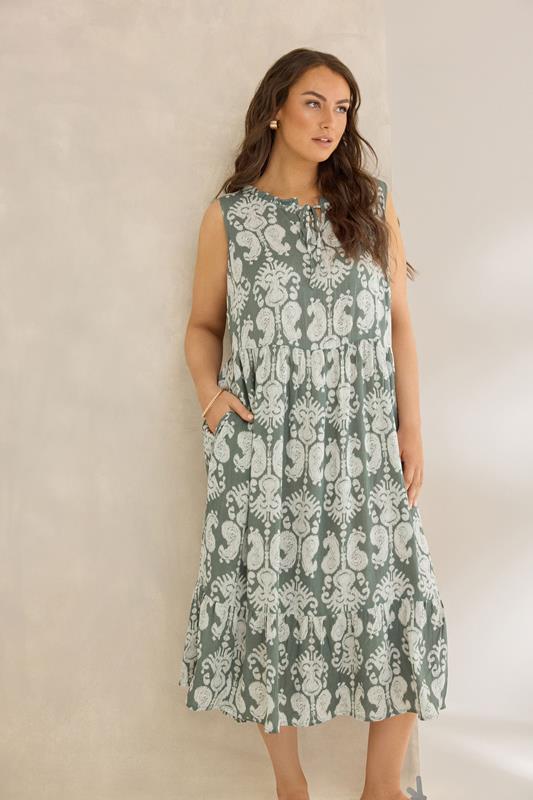EVANS Curve Green Abstract Print Tie Neck Midi Dress