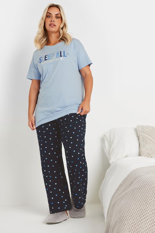 YOURS Plus Size Blue 'Sleep All Weekend' Wide Leg Pyjama Set | Yours Clothing 1