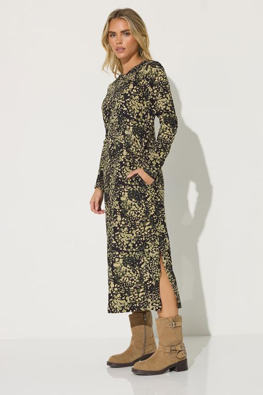 PixieGirl Petite Women's Khaki Green Abstract Animal Long Sleeve Cotton T-Shirt Dress | PixieGirl 2