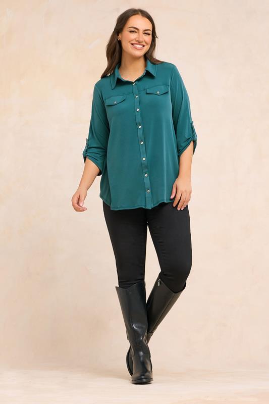 EVANS Plus Size Teal Blue Tab Sleeve Blouse | Evans  1