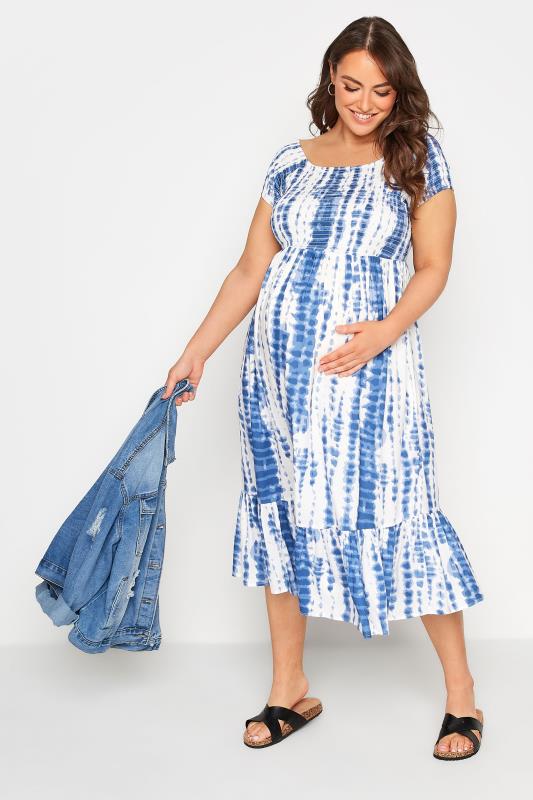 BUMP IT UP MATERNITY Plus Size Blue Tie Dye Shirred Dress | Yours Clothing 5