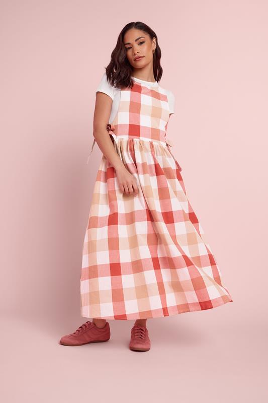 PixieGirl Petite Women's Pink Check Cotton Midi Dress | PixieGirl 1