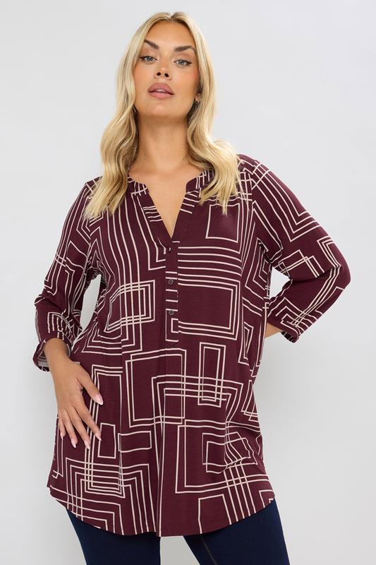 YOURS Plus Size Burgundy Red Abstract Half Placket Shirt | Yours Clothing 1