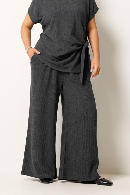 YOURS Curve Grey Wide Leg Textured Trousers