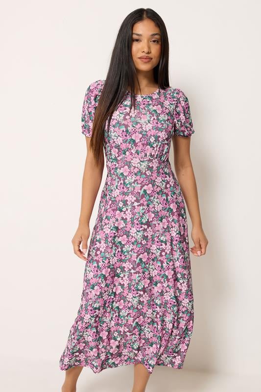  M&Co Petite Berry Purple Floral Short Sleeve Midi Dress