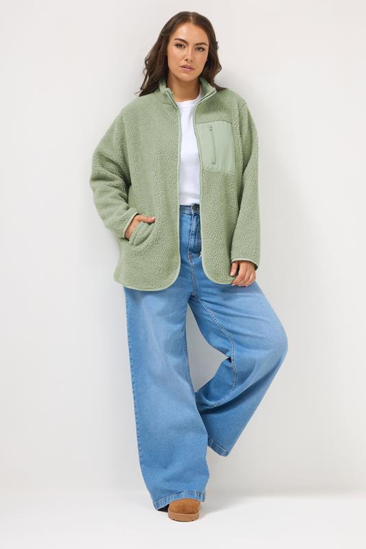 YOURS Plus Size Sage Green Pocket Teddy Fleece Jacket | Yours Clothing 2