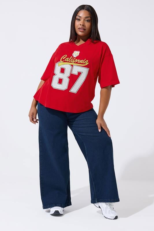  LIMITED COLLECTION Curve Red 'California 87' Rugby Collar Varsity Top