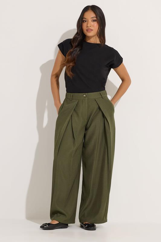 PixieGirl Petite Women's Olive Green Wrap Pleated Wide Leg Trousers | PixieGirl 1