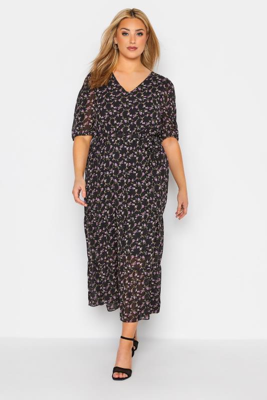 YOURS LONDON Plus Size Black Ditsy Smock Maxi Dress | Yours Clothing  1