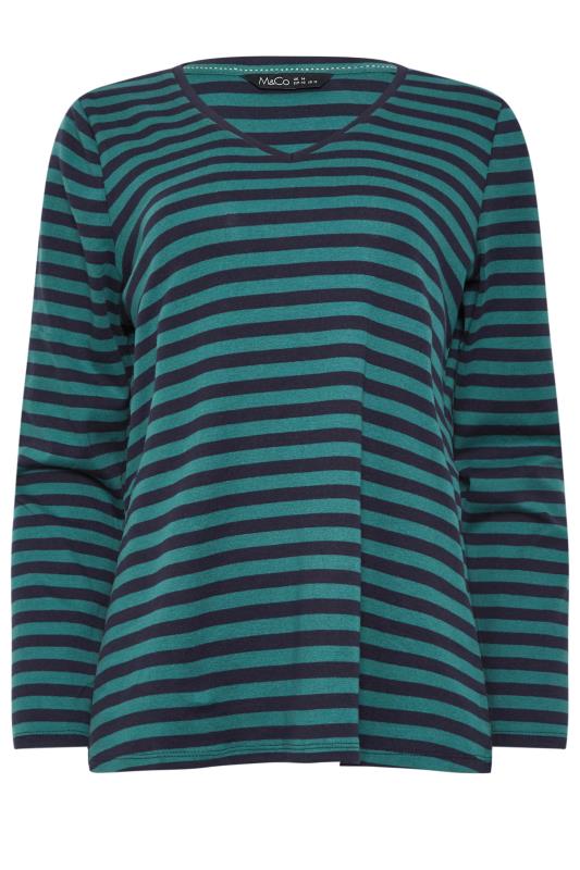 M&Co Teal Blue Stripe V-Neck Long Sleeve Cotton T-Shirt | M&Co
