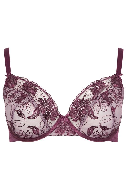 YOURS Plus Size Purple Embroidered Floral Non-Padded Bra | Yours Clothing 5