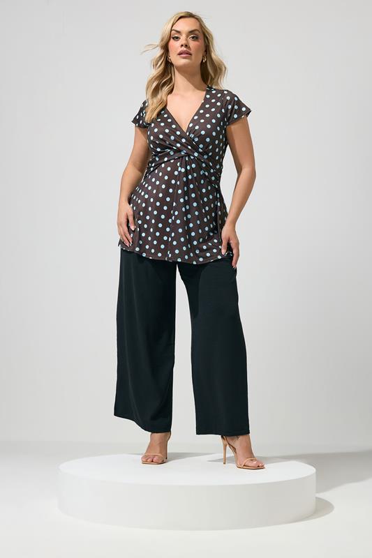 YOURS LONDON Plus Size Chocolate Brown Polka Dot Wrap Front Top | Yours Clothing 1