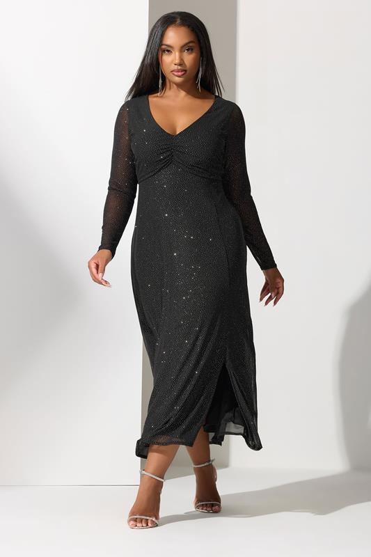 YOURS LONDON Curve Black Glitter Ruched Front Maxi Dress